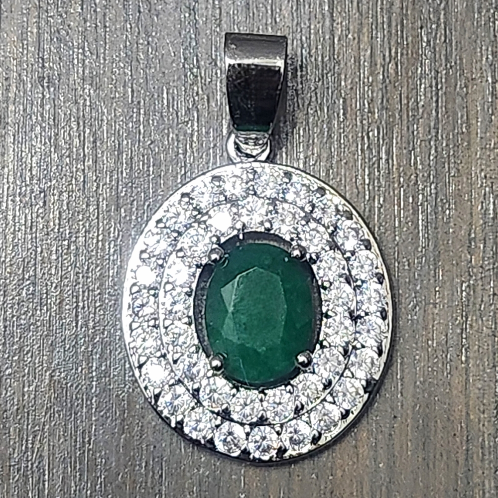2.00ct Emerald Sterling Silver Oval Double Halo Pendant 1.25" NEW
